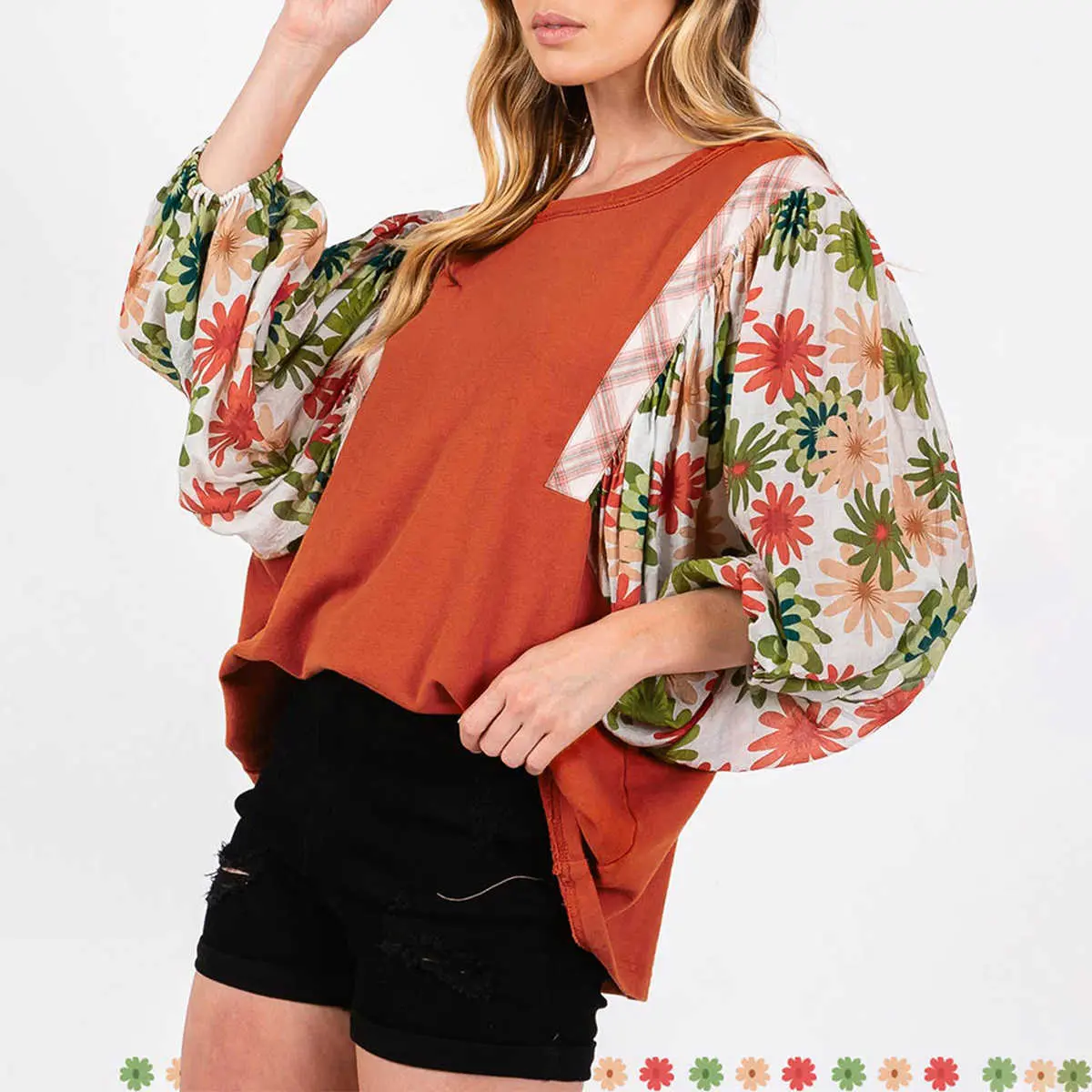 Women's Desert Gold Floral Puff Sleeve Blouse - Boho Patchwork Round Neck Top