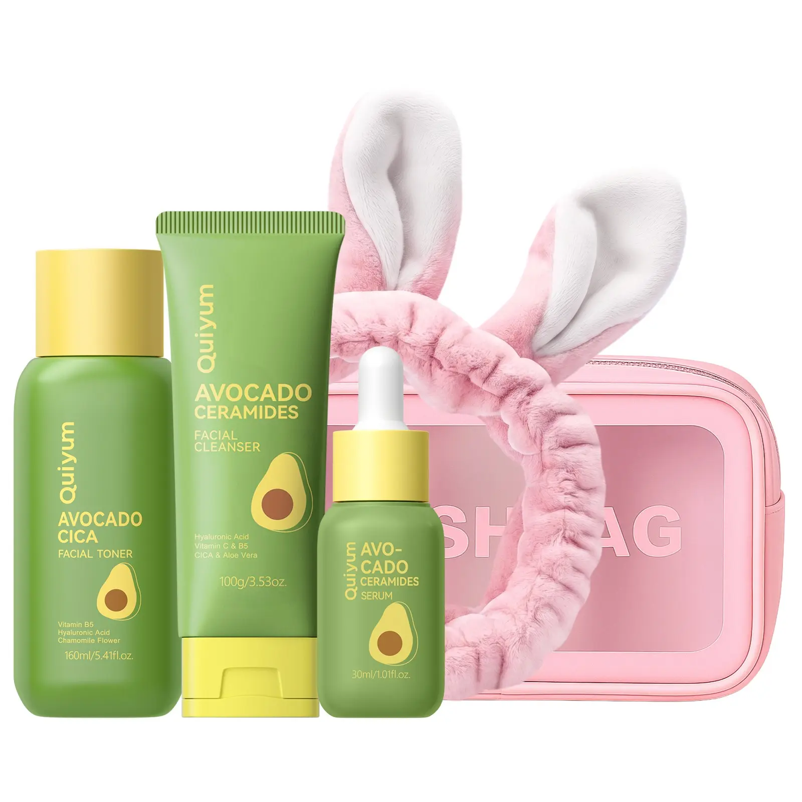 5X Ceramides Skin Barrier Care Set, Avocado CICA Daily Skincare Bundle with Hydrating Cleanser, Toner & Serum, Headband & Travel Pouch for Dry Skin