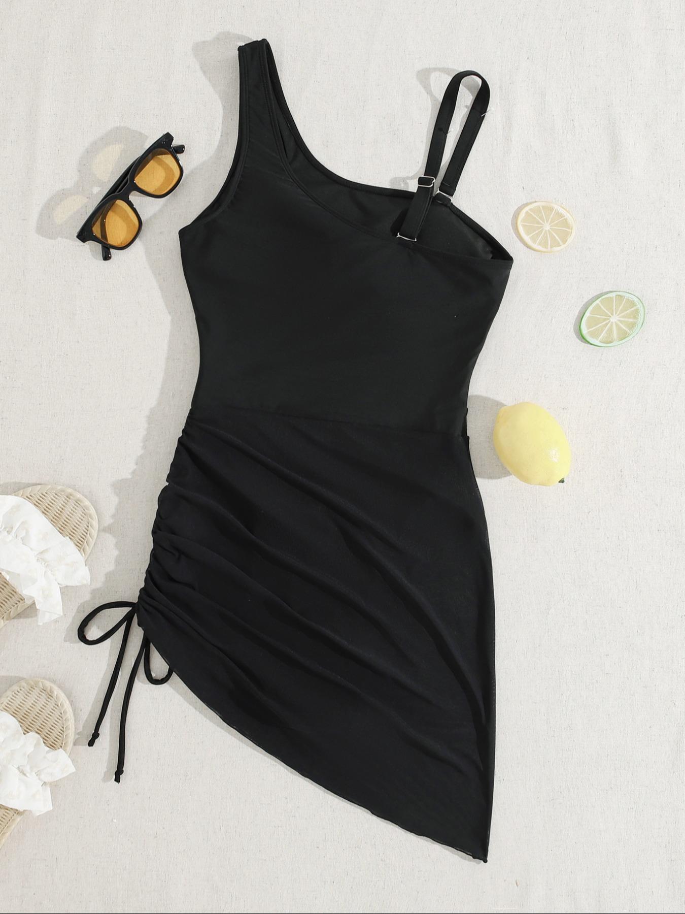 Women's Solid Color Mesh Insert One-piece Swimsuit, Casual Sleeveless Swimwear for Beach Holiday Vacation, Ladies Swimsuit for All Seasons