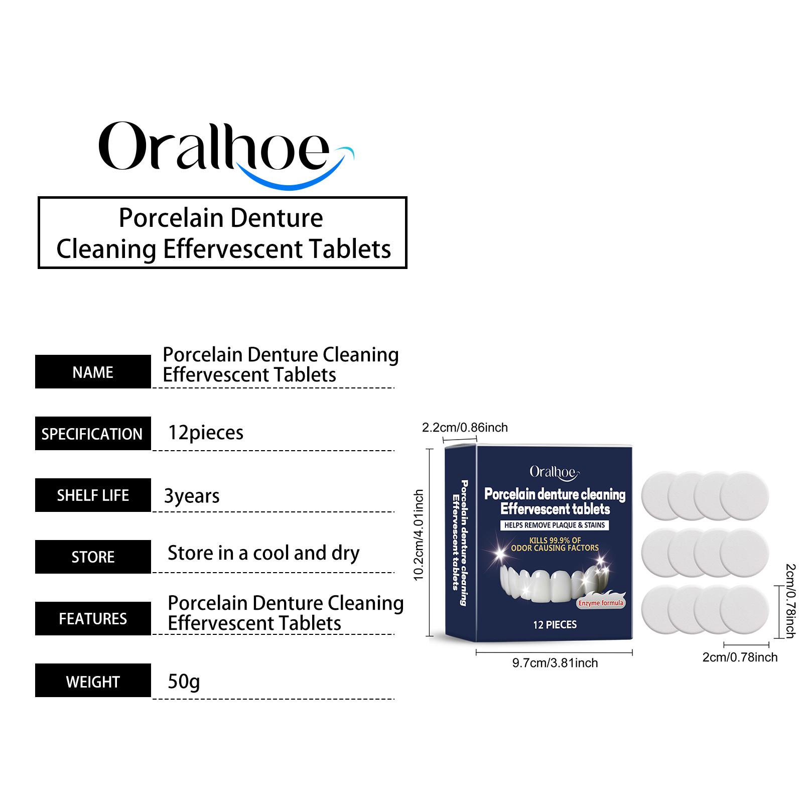 Oralhoe Denture Cleaning Effervescent Tablets with Lemon & Mint Extracts for Fresh Breath Stain Removal & Bacteria Killing 12 Pieces tooth repair kit whiten session interdental filling fake teeths instant confidence perfect smile gems enhances aesthetic