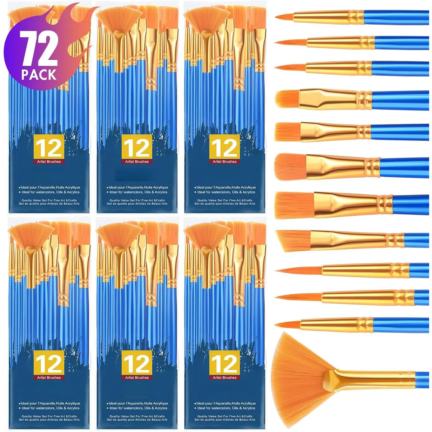 Paint Brushes Set, 6Pack 72pcs Paint Brush for Acrylic Painting| Artist Paintbrushes for Watercolor Oil Rock Face Painting, Paint Brush for Kids Adult Arts Painting Brush Kits.