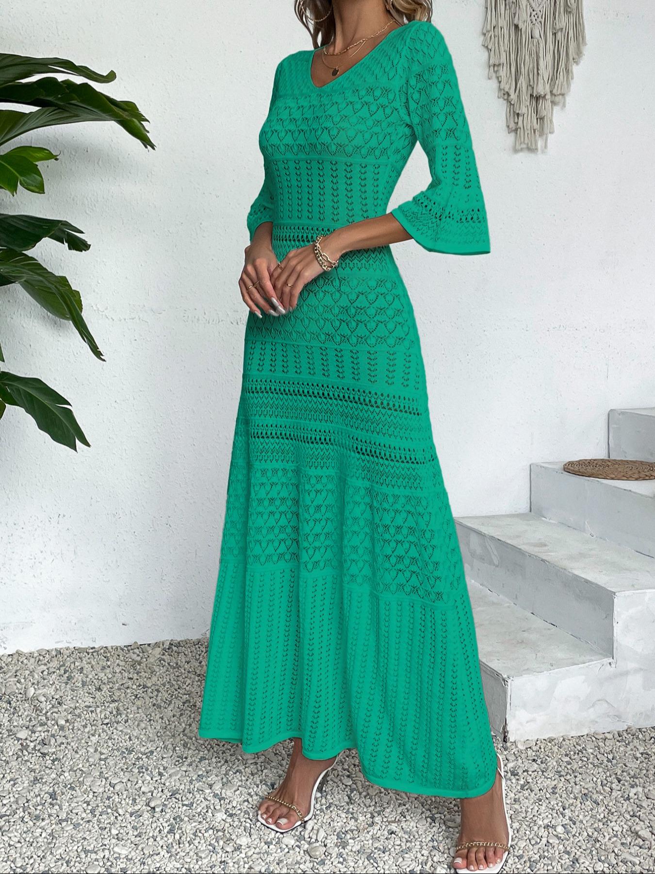 Elegant V-Neck Knit Dress, Hollow Out Design, Casual Fitted Long Skirt, Spring & Summer Beach Vacation Wear, Random Pattern, Lady Womenswear