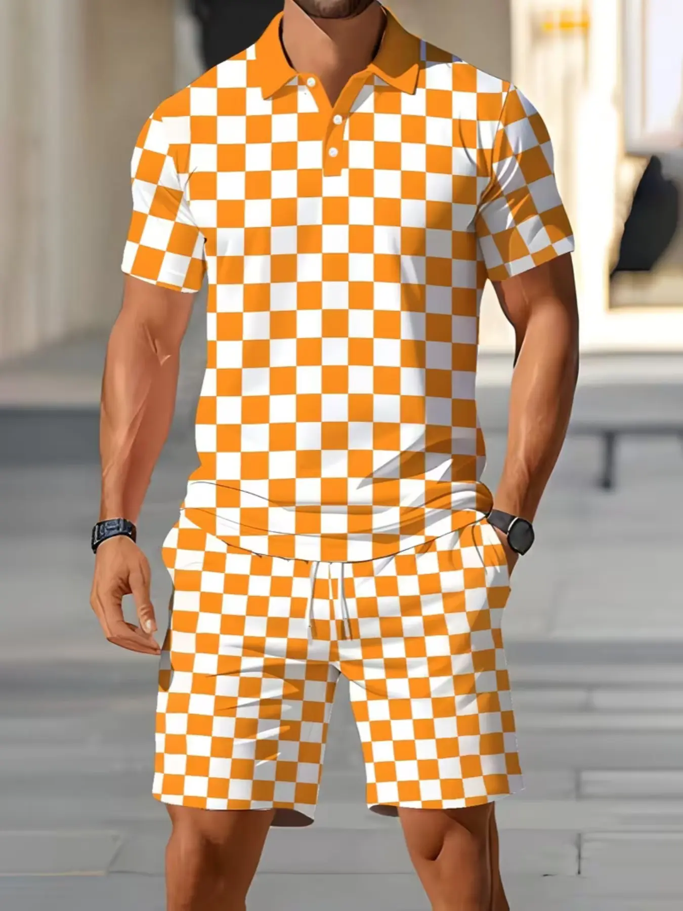 Vintage Checkered Men's Short Sleeve Set, Classic Plaid Polo Shirt with Matching Shorts, Summer Vacation, Casual Style
