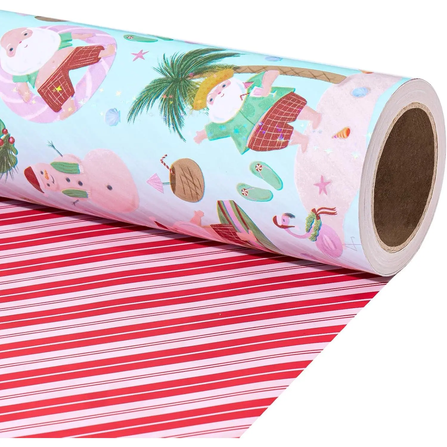 RUSPEPA Tropical Christmas Wrapping Paper Roll,Funny Beach Santa Gift Wrap with Flamingo,Surfboard,Palm Tree, Santa Hat & Holiday Animal Design,for Kids, Girls, Family, Friends,Christmas Party, Summer Holiday Gifts, 17 Inches x 16.4 Feet