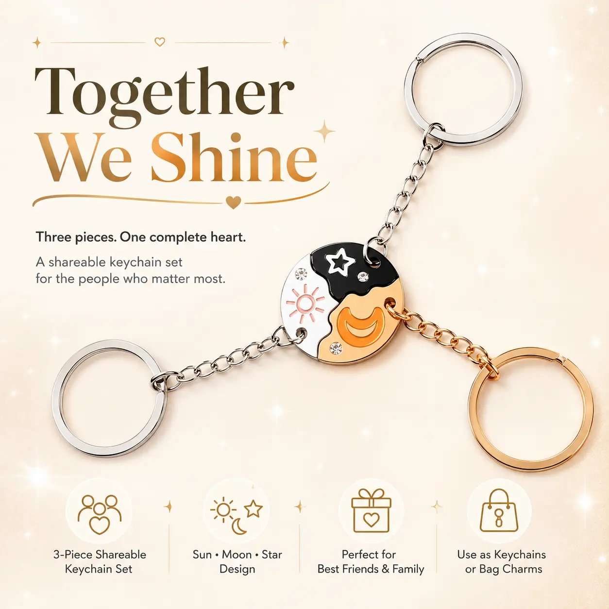Best Friend Keychain Set of 3 – Sun Moon Star Puzzle Split Design, Matching Friendship Keychains for Women Girls, Trio Gift