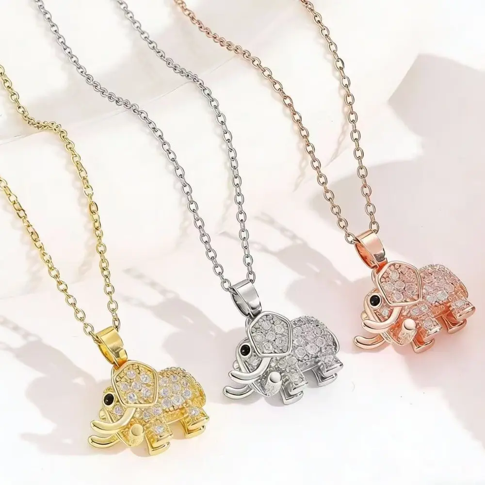 Women’s 1PC Vintage Ethnic-Style Zircon Accents Elephant Shape Charm Necklace, Stainless Steel Chain Jewelry, Suitable for Casual Everyday & Party Wear, Charm Necklaces