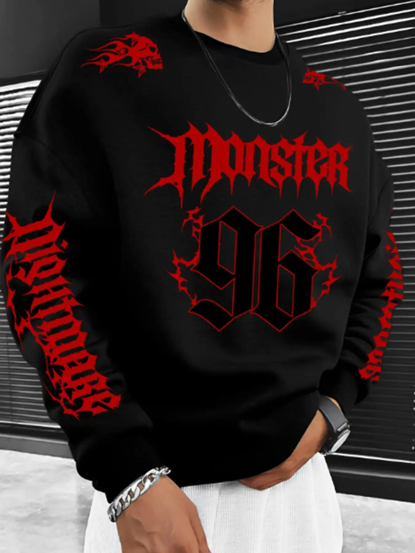 Men's Vintage Streetwear Crew Neck Sweatshirt, Gothic Font Design, Monster 96 Print, Soft Fabric, Outdoor Essential