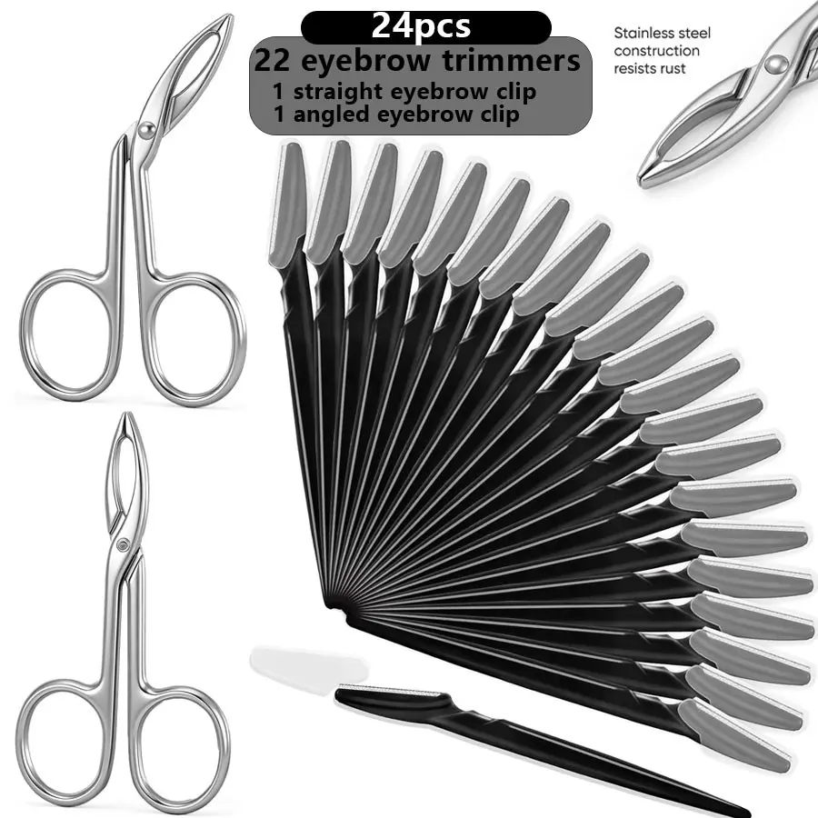 24pcs Eyebrow Grooming Kit, 22 Eyebrow Razors, Straight & Angled Tweezers, Stainless Steel Scissors, Professional Makeup Tools, Beauty Tools Kit for Women