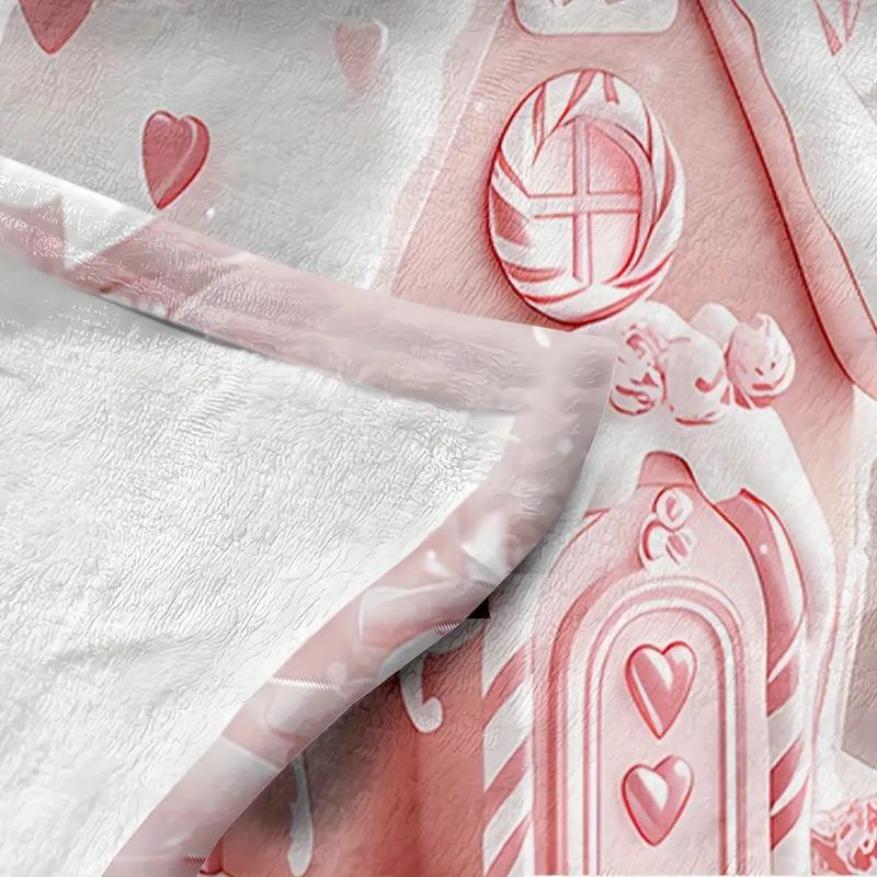 Cozy Pink Christmas Gingerbread House Reversible Flannel Fleece Throw Blanket - Cartoon Snowman Tree Pattern, All-Season Polyester Digital Print, Ideal For Bed/Couch, Decorative Giftable Cartoon Pattern Blanket, Decorative Giftable Blankets