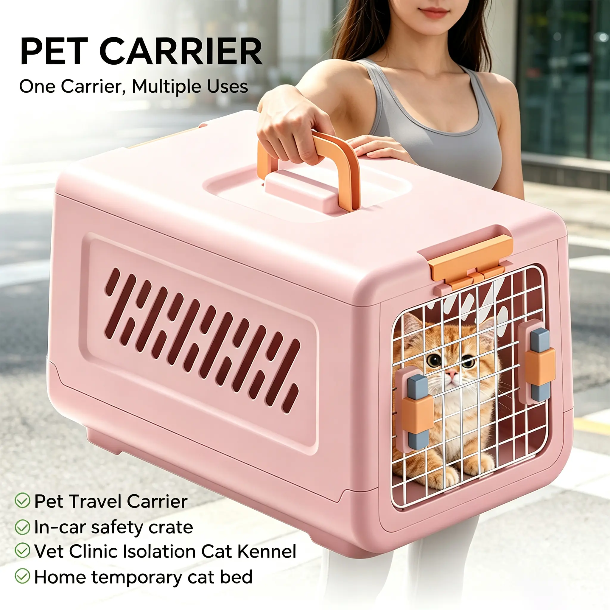 Airline Approved Hard-Sided Pet Carrier for Cats & Dogs, Portable Breathable Wire Mesh Travel Crate with Dual Side Spring Lock Doors, Sturdy Plastic Shell Ideal for Flights, Road Trips & Daily Outings, 3 Pastel Colors: Pink/Gray/Whit
