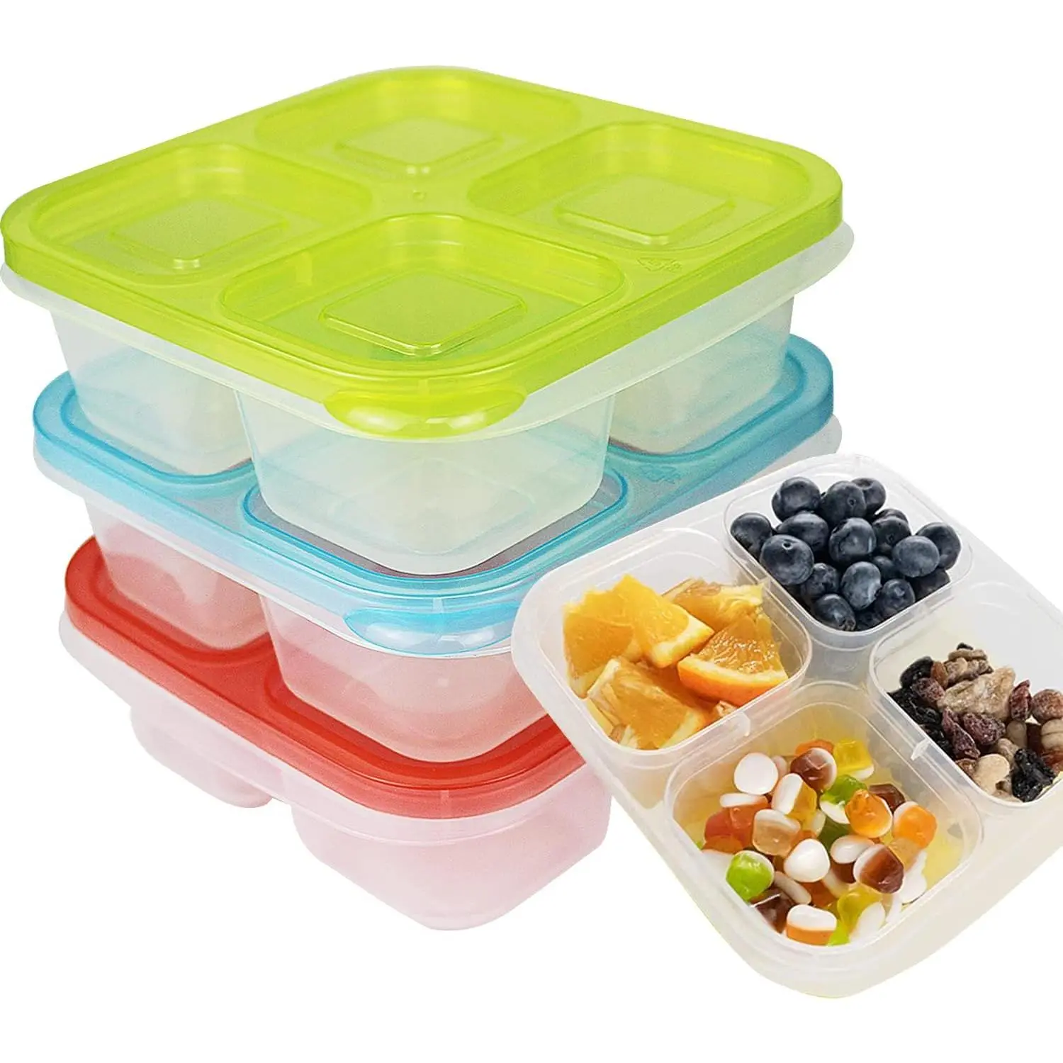 4-Compartment  Containers, Lunchable Snack Containers, 3 Pack |  4 Compartment Snack Containers, Lunch Bento Box, Meal Prep Containers for Adults, School, Work, Picnic, Bright Color