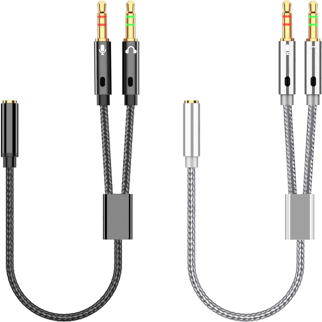 2-Pack Headphone Splitter for Computer 3.5mm Female to 2 Dual 3.5mm Male Headphone Mic Audio Adapter Y Splitter Cable Nylon Braided Cord Smartphone Headset to PC Adapter (Black,Silver),Protective,HDMI