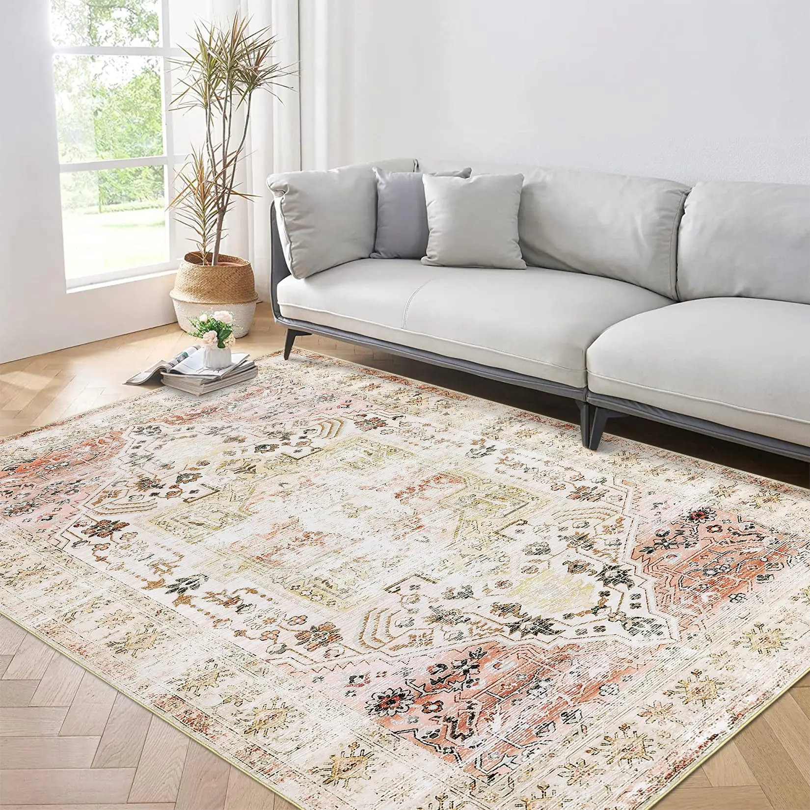 Washable Area Rug Non Slip Foldable Vintage Persian Rug Soft Plush Pearl Velvet Carpet for Living Room Bedroom Dining Room Light Taupe 8 x 10 ft