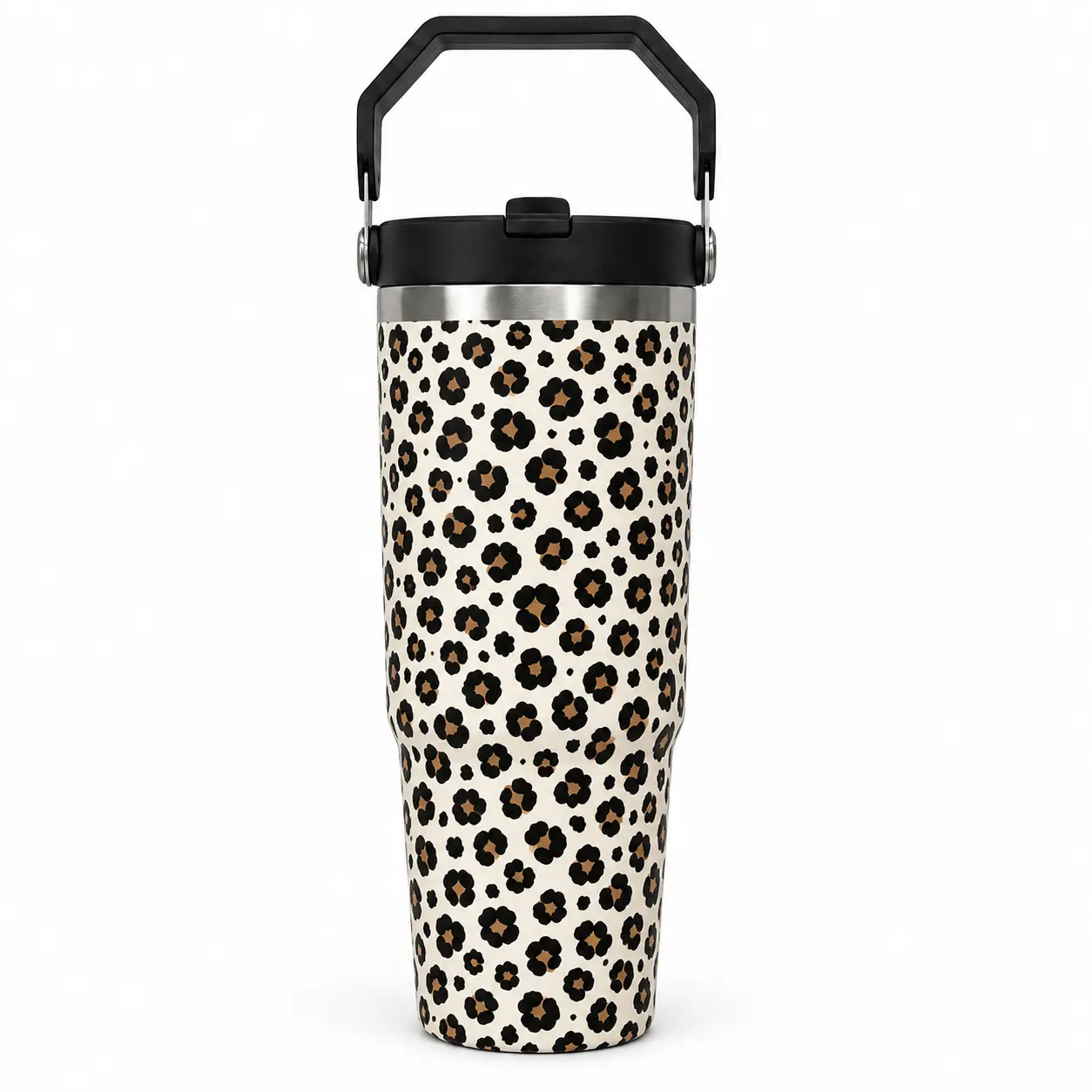Women's 30oz (887ml) Stainless Steel Insulated Tumbler Flask - Sturdy Classic Leopard Print, Portable Spill-Proof Water Bottle with Carry Handle, Straw Lid, Ice Cube Compatibility, Ideal Birthday Gift for Teens, Single Unit, Flasks, Ice Cubes