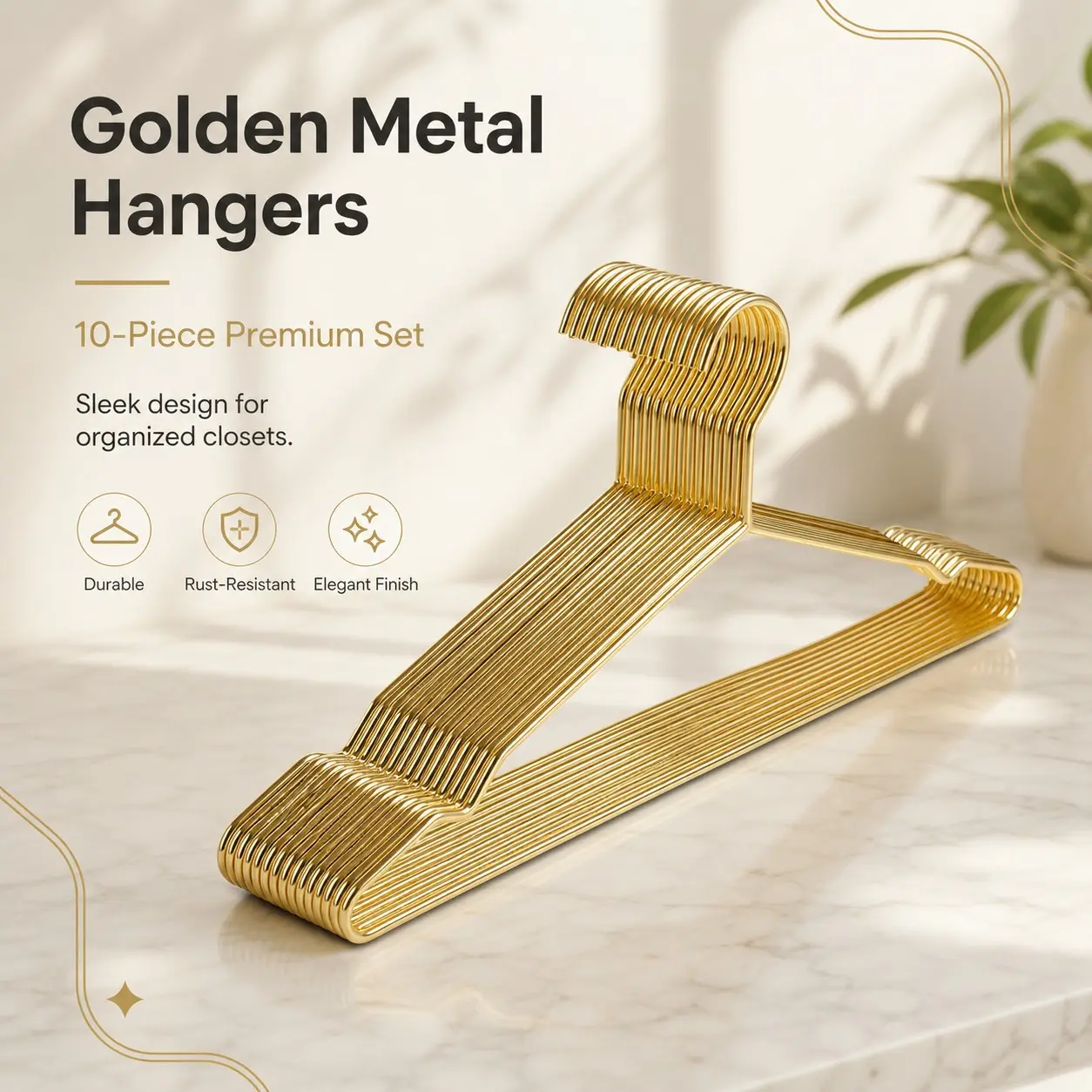 10-Pack Luxury Metal Hangers, Non-Slip Shoulder Notch, Rust-Resistant Wire Clothes Hooks, Ideal for Shirts, Pants, Dresses