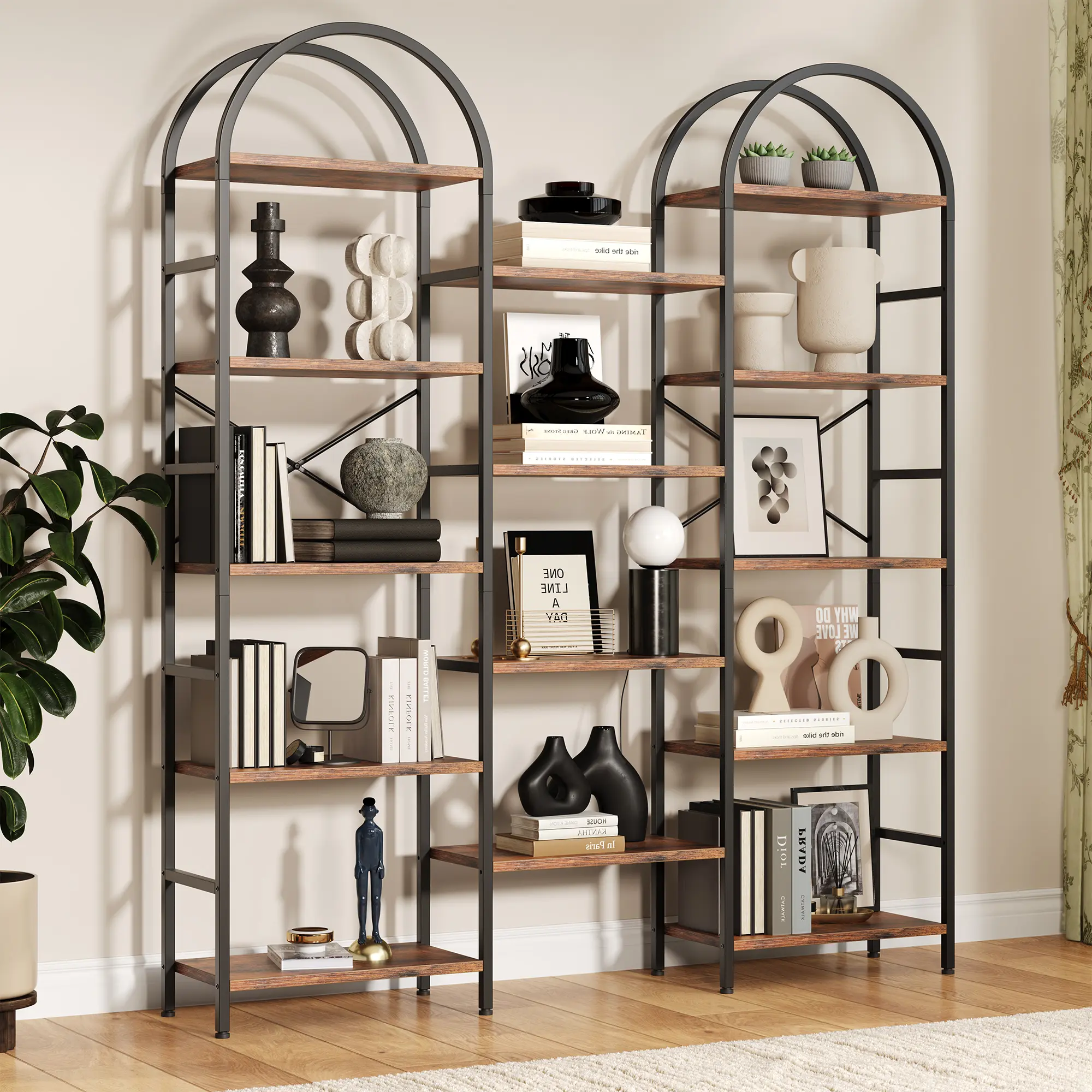 Industrial Metal-Wood Arched 5-Tier Triple Column Bookshelf, 63"X71" Open Shelving Unit with Metal Frame, Heavy-Duty Storage Shelf with Adjustable Feet, Anti-Wobble & Easy Setup for Living Room, Home Office