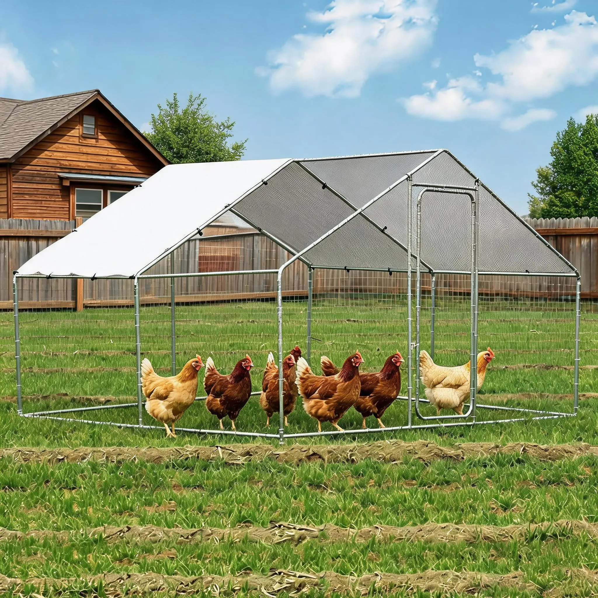 9.8x9.8ft Outdoor Chicken Run with Spire Waterproof Roof – Galvanized Steel, Hex Wire Mesh & Lockable Gate – Predator-Proof Poultry Pen