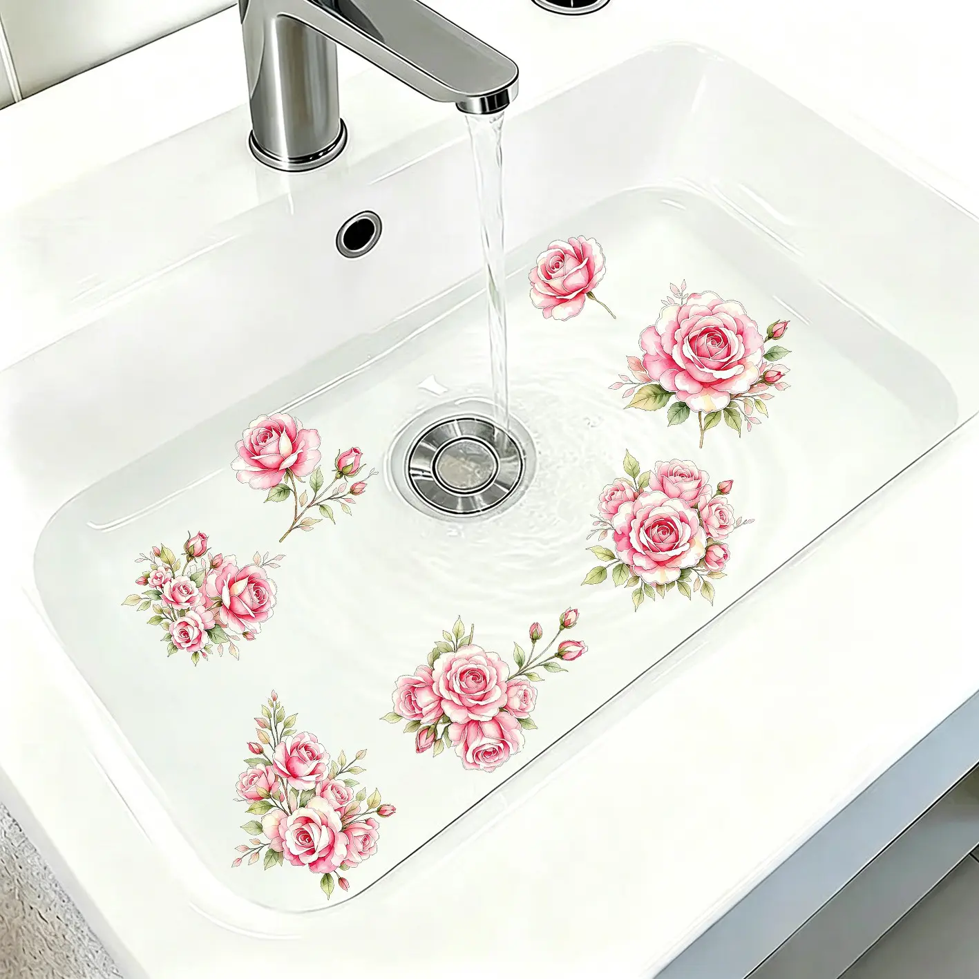 1pcs Rose Floral Self-Adhesive Bath Tub Wall Sticker, Creative Art Floral Wallpaper, Easy Peel and Stick Home Decor, for Sink and Bathtub
