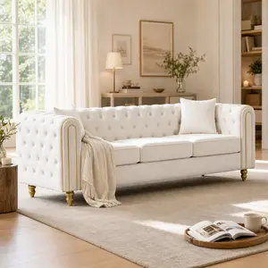Velvet Chesterfield Loveseat Sofa - Button Tufting, Rolled Arms, Gold Legs for Living Room, Primary Space