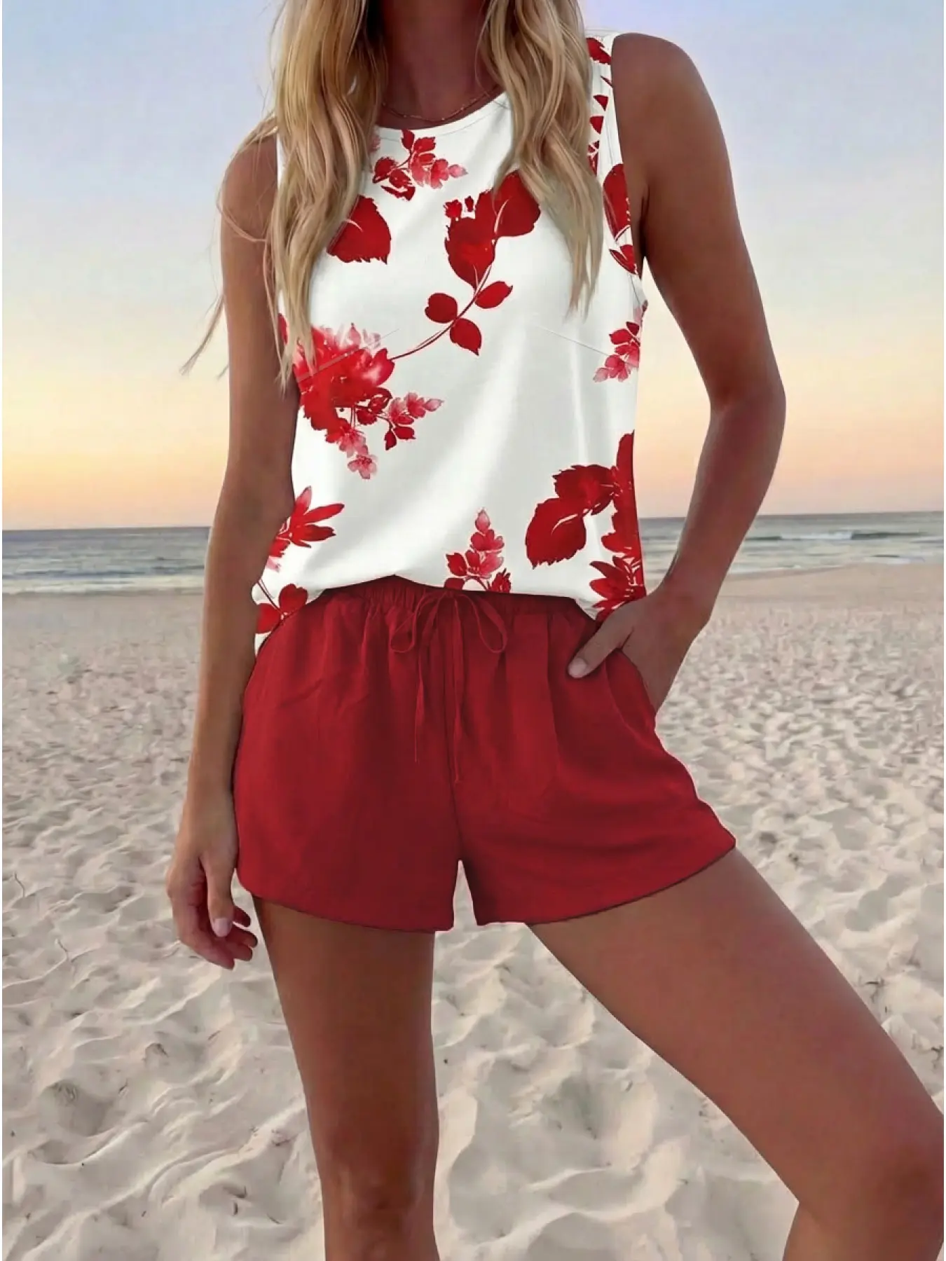 Summer vacation style floral round neck sleeveless tank top and loose shorts two-piece set, Shortie set, shorts with drawstring decorated pockets, breathable and comfortable loungewear, suitable for beach trips and daily outfits