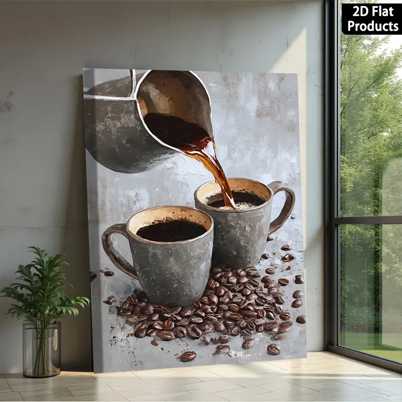 1-Piece Framed Retro Artistic Farmhouse Wood Wall Art Oil Painting - Coffee Pouring Scene, Houndstooth-Plaid Design, Multi-Size, Ideal for Living Room, Bar, Bedroom, Father's Day Gift (Home Decor, Posters & Prints), Wall Decor Pictures