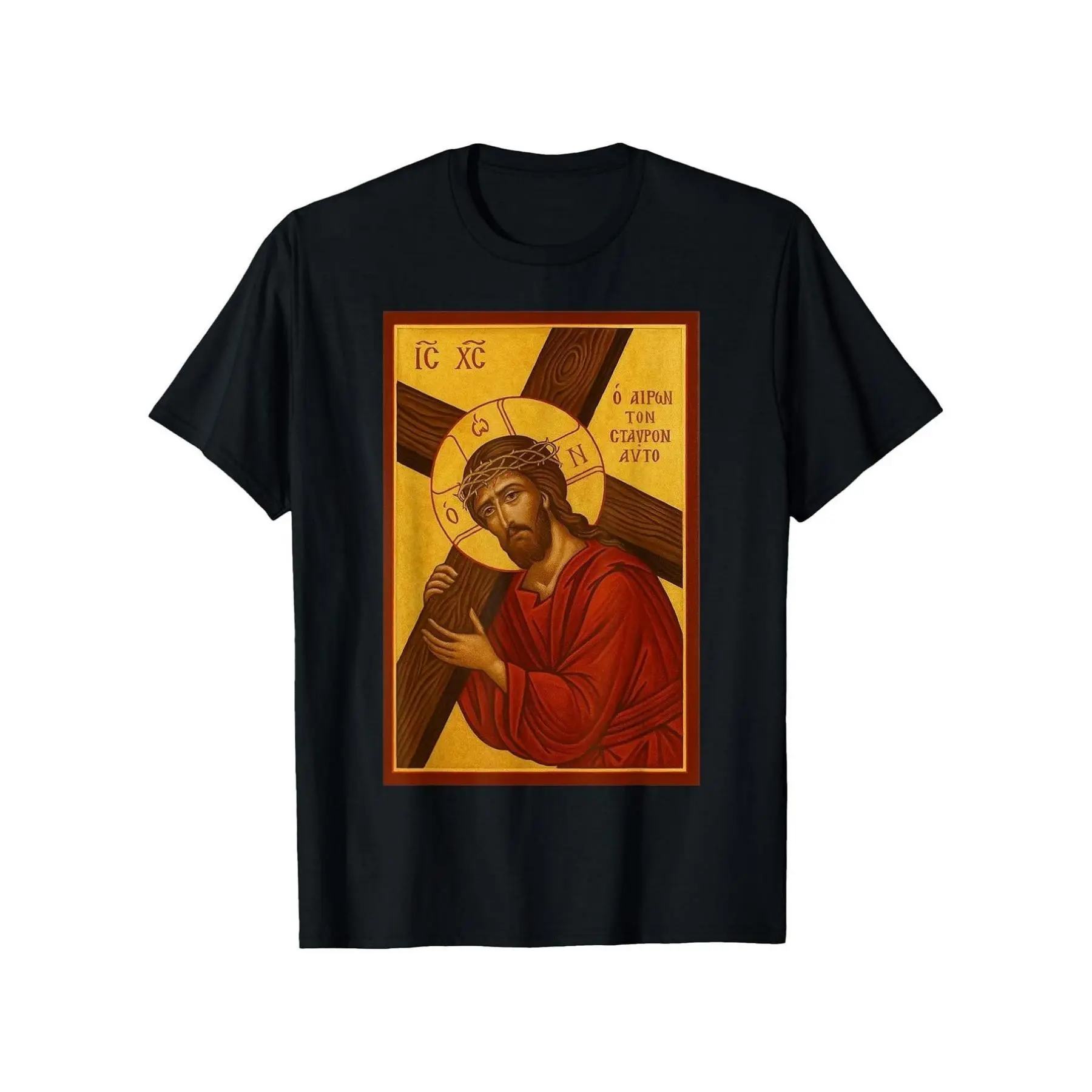 Men's Christian Orthodox Christ Carrying Cross Streetwear T-Shirt - Black Knit Short-Sleeve Top, Golden & Red Print, Casual Round Neck, Drop Shoulder, Slight Stretch, Vintage Menswear, Ideal for Adult Daily Use, Shortsleeve