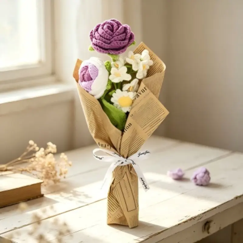 Vintage Newspaper Wrapped Handmade Crochet Rose Bellflower Daisy Bouquet, Wool Knit Preserved Artificial Flowers, Gift for Friends Birthday Graduation