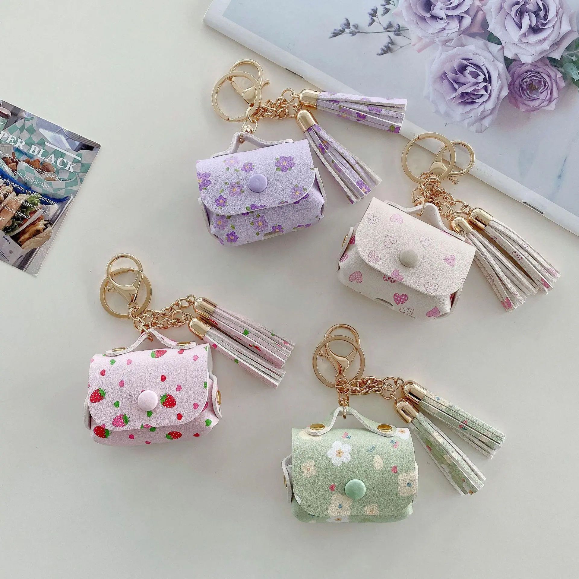 Women's Printed Tassel Faux Leather Bluetooth Earbuds Case - Luxury Vintage Shockproof Protective Pouch, Travel Luggage Accessories for Earbud Protection, Printed Tassels, Tasseled Pouch