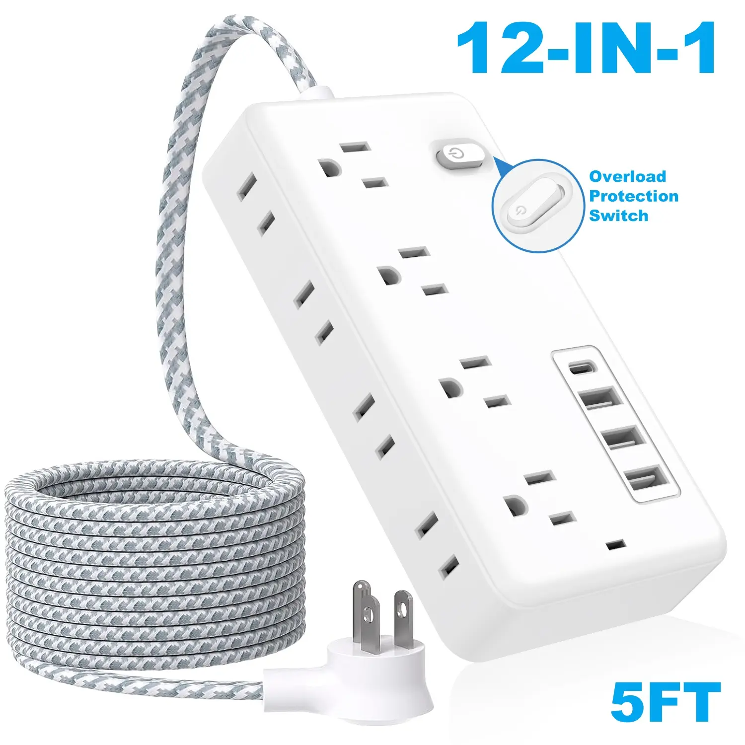Surge Protector Flat Extension Cord Flat Plug Power Strip, 8 AC Outlets, 4 USB Charger(1 USB C Port) 3-Sided Outlet Extender, 5Ft Braided Extension Cord Charging Station,  Office Supplies, Dorm Room Essentials