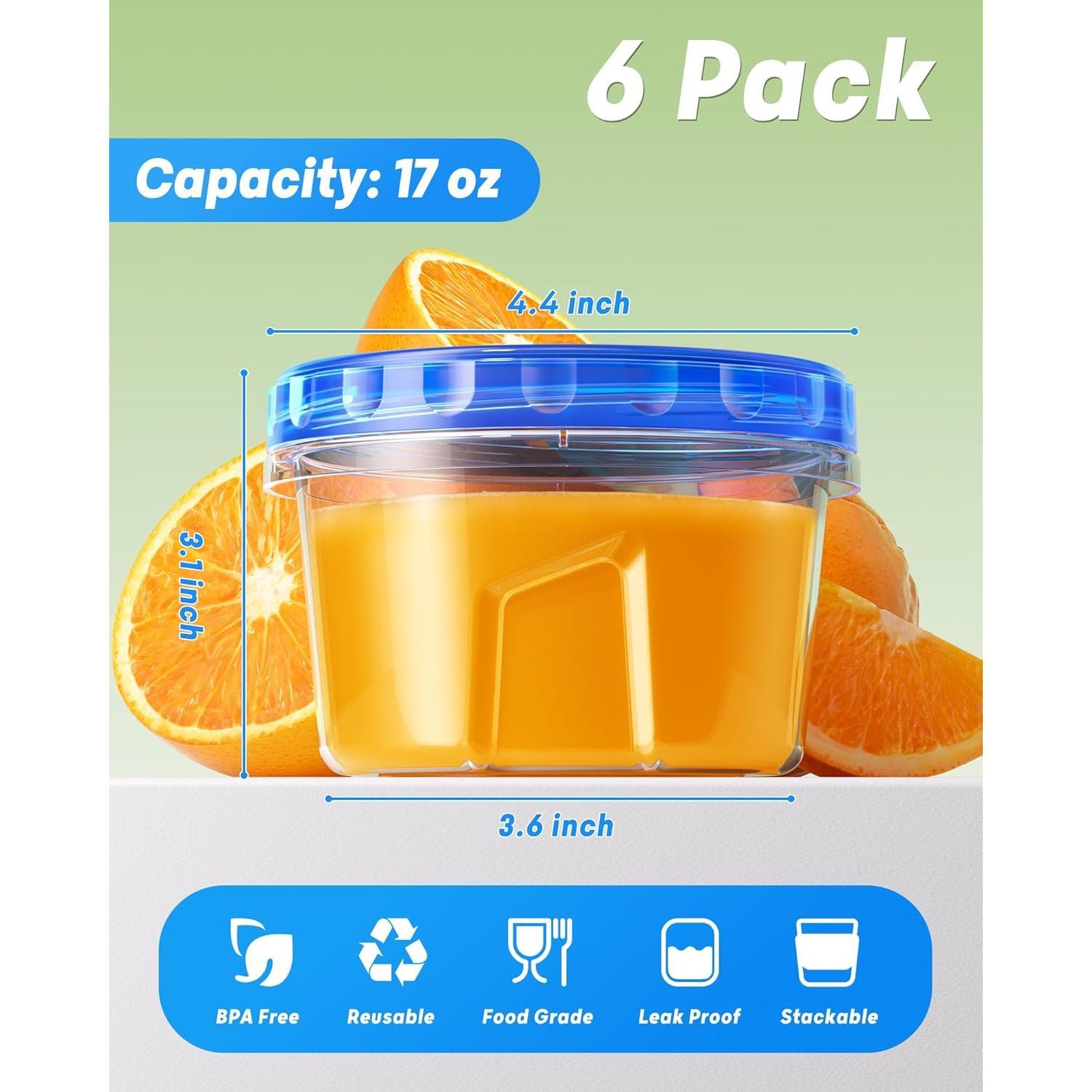 6 Pack-17oz Freezer Storage Containers, Plastic  Storage Containers with Twist Top ,  and  Soup Containers with Lid, Microwave and Dishwasher Safe