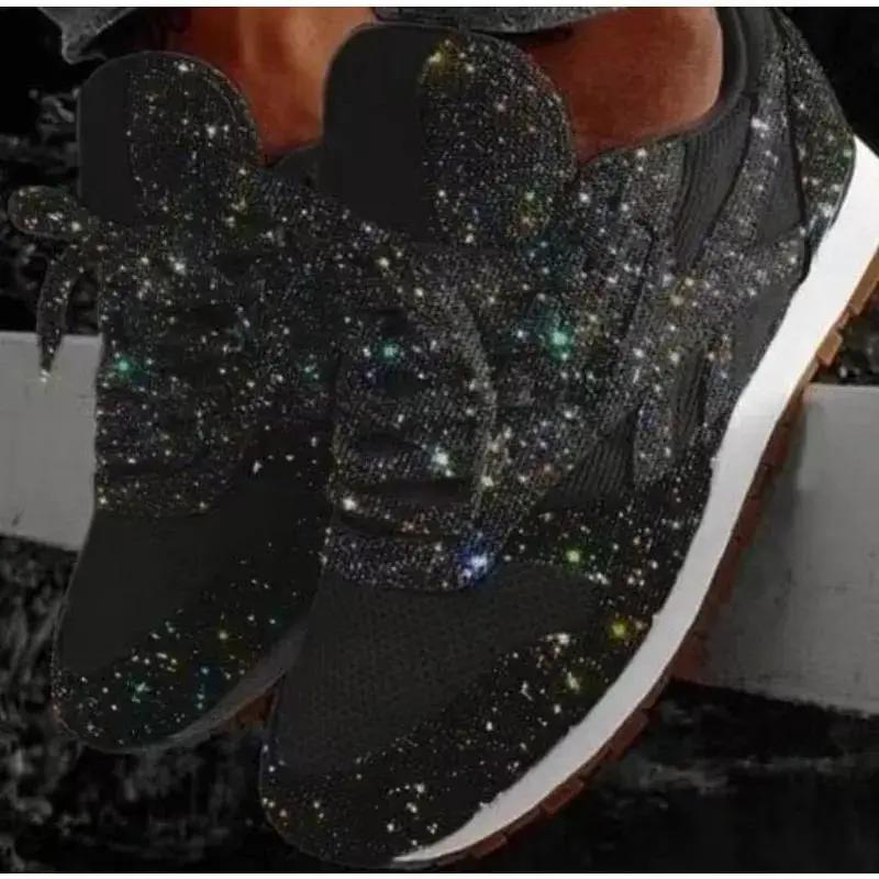 Women's 2026 Trend Glitter Vulcanized Chunky Height-Increase Sneakers, Black Sports Running Training Shoes
