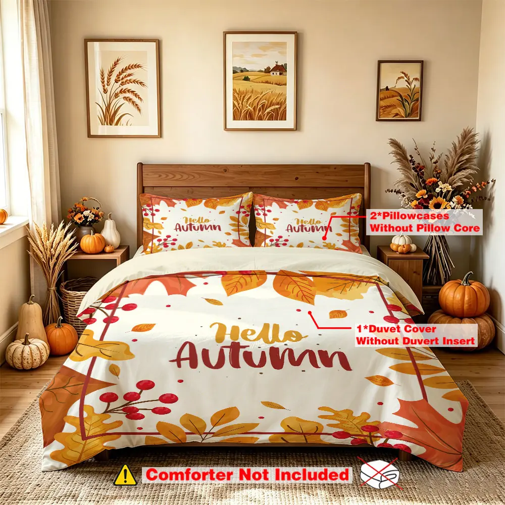 3-piece bedding set (1 bedspread + 2 pillowcases without inner cores) featuring hand-painted autumn leaves and the slogan "Hello Autumn". It is suitable for use in hotels, dormitories, and other occasions, as well as for festive decorations.