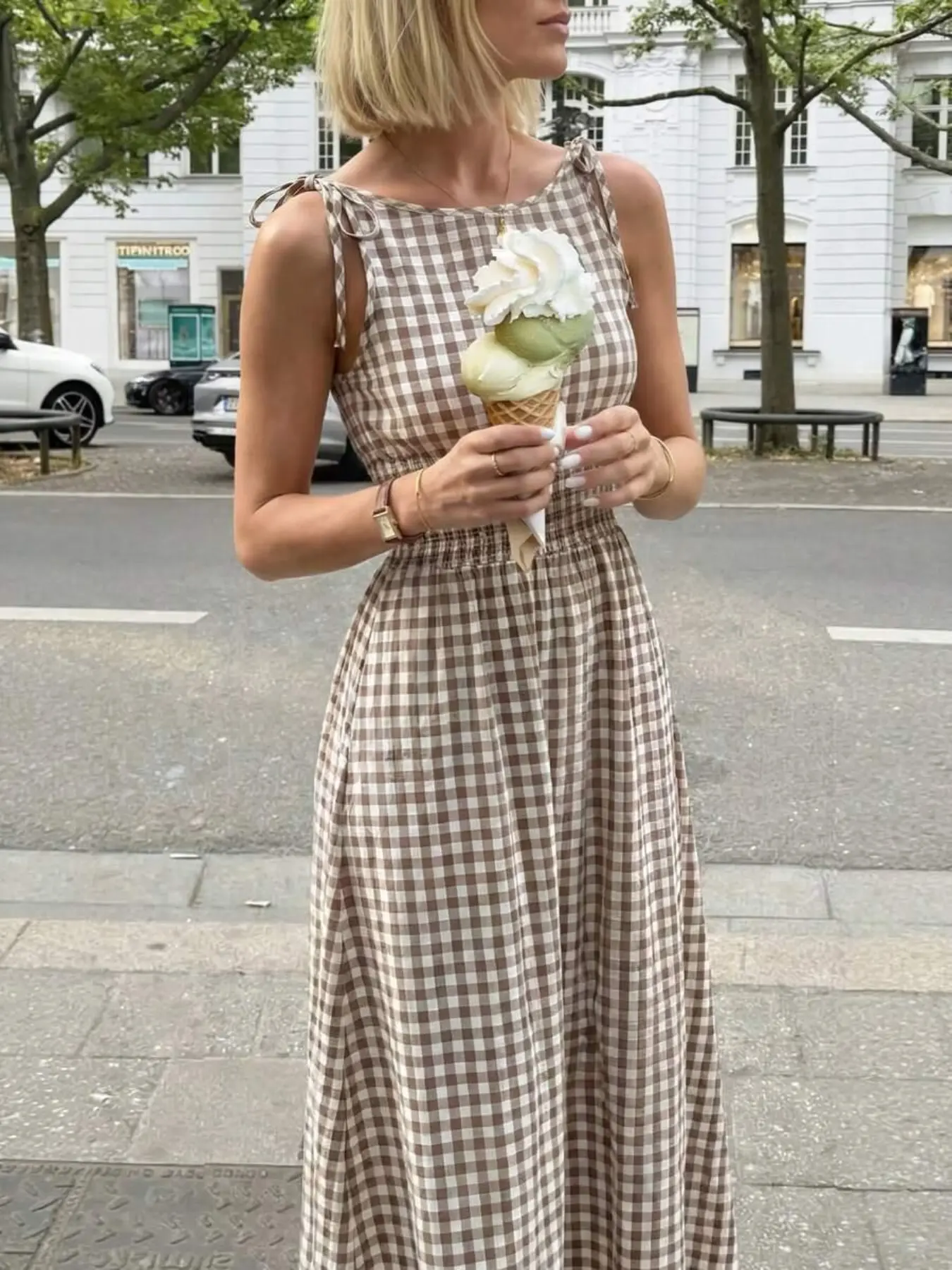 New Plaid Women's Sleeveless Long Dress, Bow Tie and Ruffled Waist, Casual Boho Styles Fashion Boho Chic Bohemian Fashion Office Minimalist Summer Style, Perfect for Vacation Daily Wear