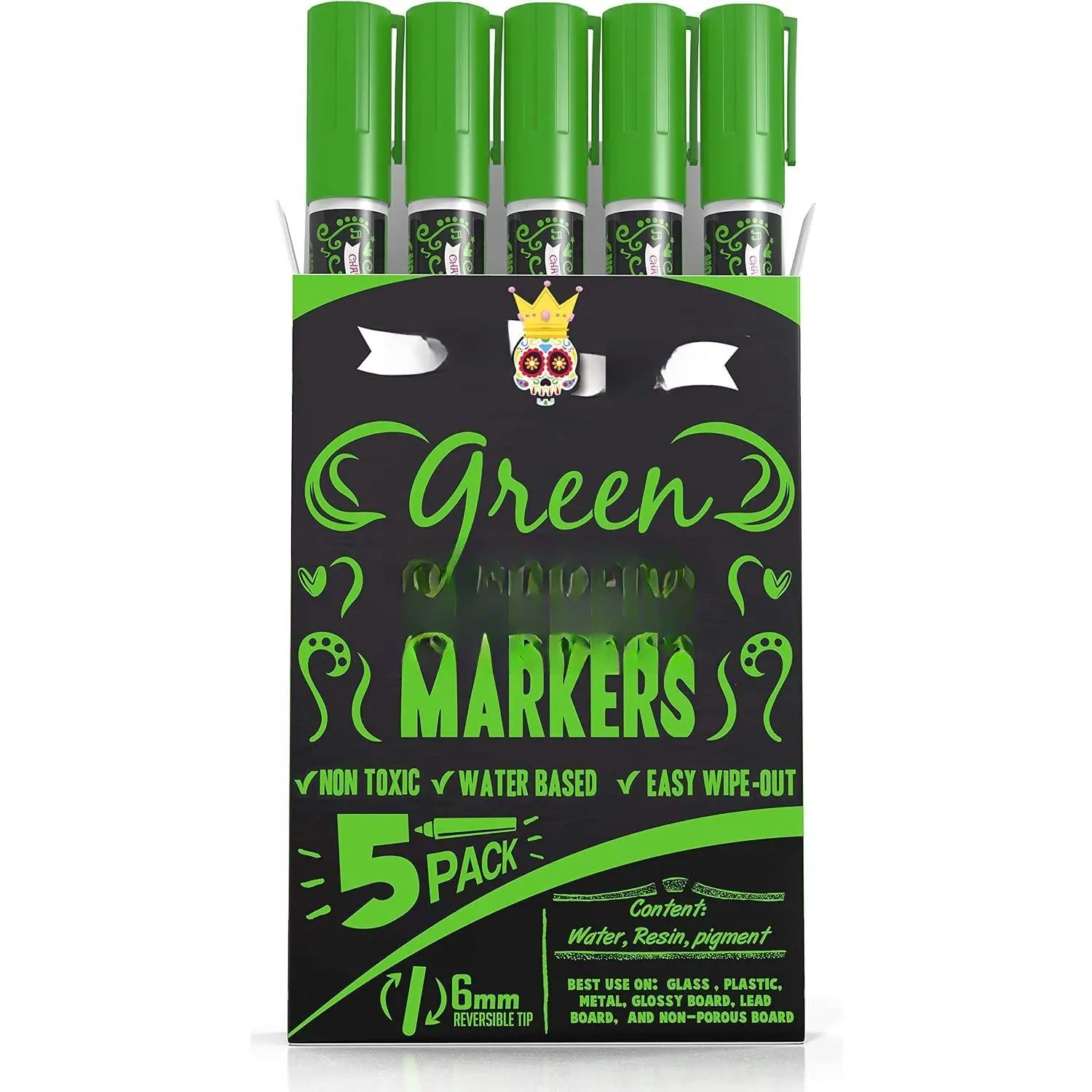 Green Liquid Chalk Markers - Green - 5 Pack, 6mm Tip | Bold Green Ink for Chalkboard Signs, Windows & Glass - Reversible 6mm Chisel &  Tip - Easy Wet Wipe Erasable