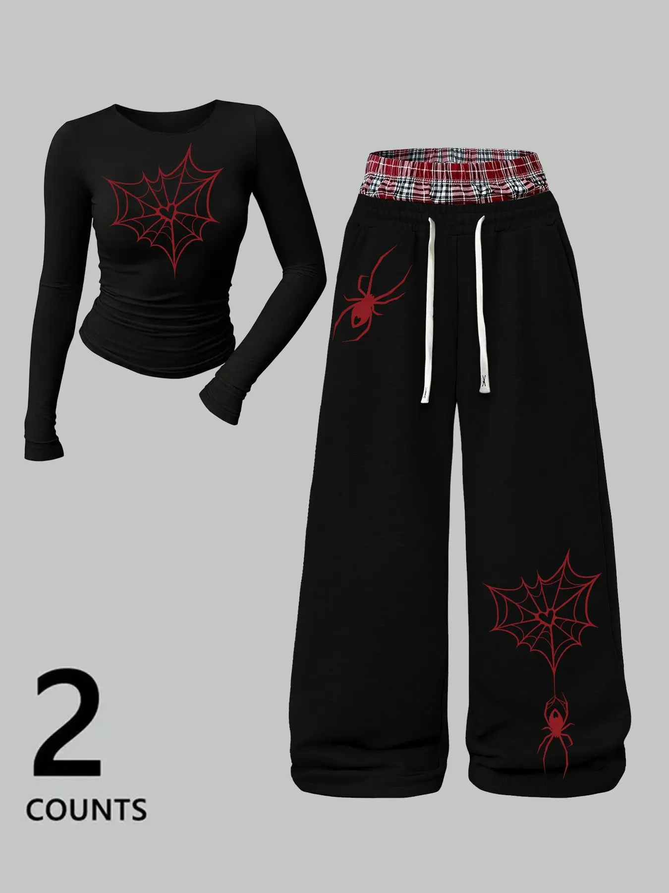 Women's Slim Fit Round Neck Long Sleeve Top + Casual Straight Leg Sports Pants Set, Spider Print, High Waist, All Seasons, Casual Sporty Set, Sport Casual Outfit