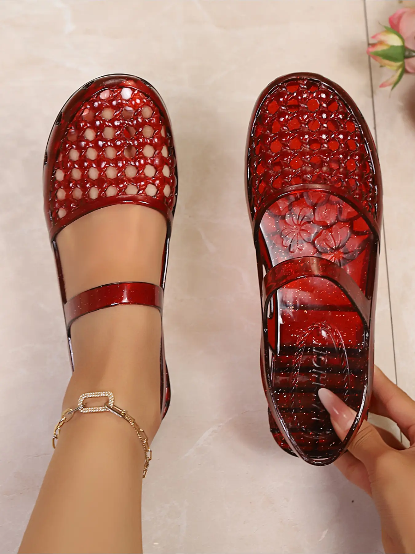 Quick Dry Hollow Breathable Fashionable Jelly Women's Sandals - Non Slip Platform Ankle Strap Walking Flats, Footwear
