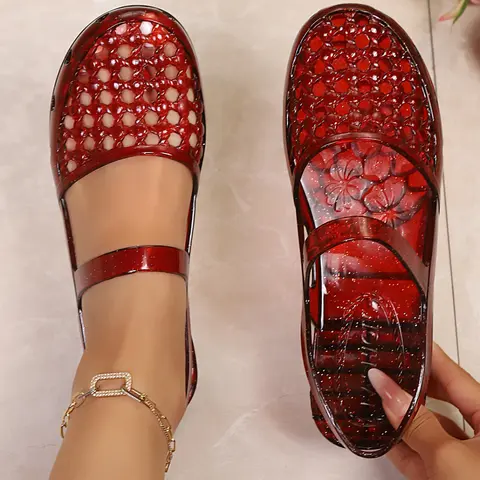 Quick Dry Hollow Breathable Fashionable Jelly Women's - Non Slip Platform Ankle Strap Walking Flats, Footwear, Fashionable Casual Sandals
