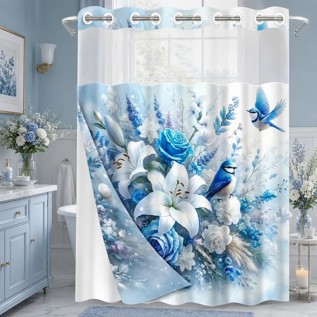 Double Layer Shower Curtain, Floral shower curtains for bathroom, Hookless, Blue & White Floral Print, Waterproof, Mildew Resistant, Durable Fabric, Home Decor, Removable Liner, 71"×74"