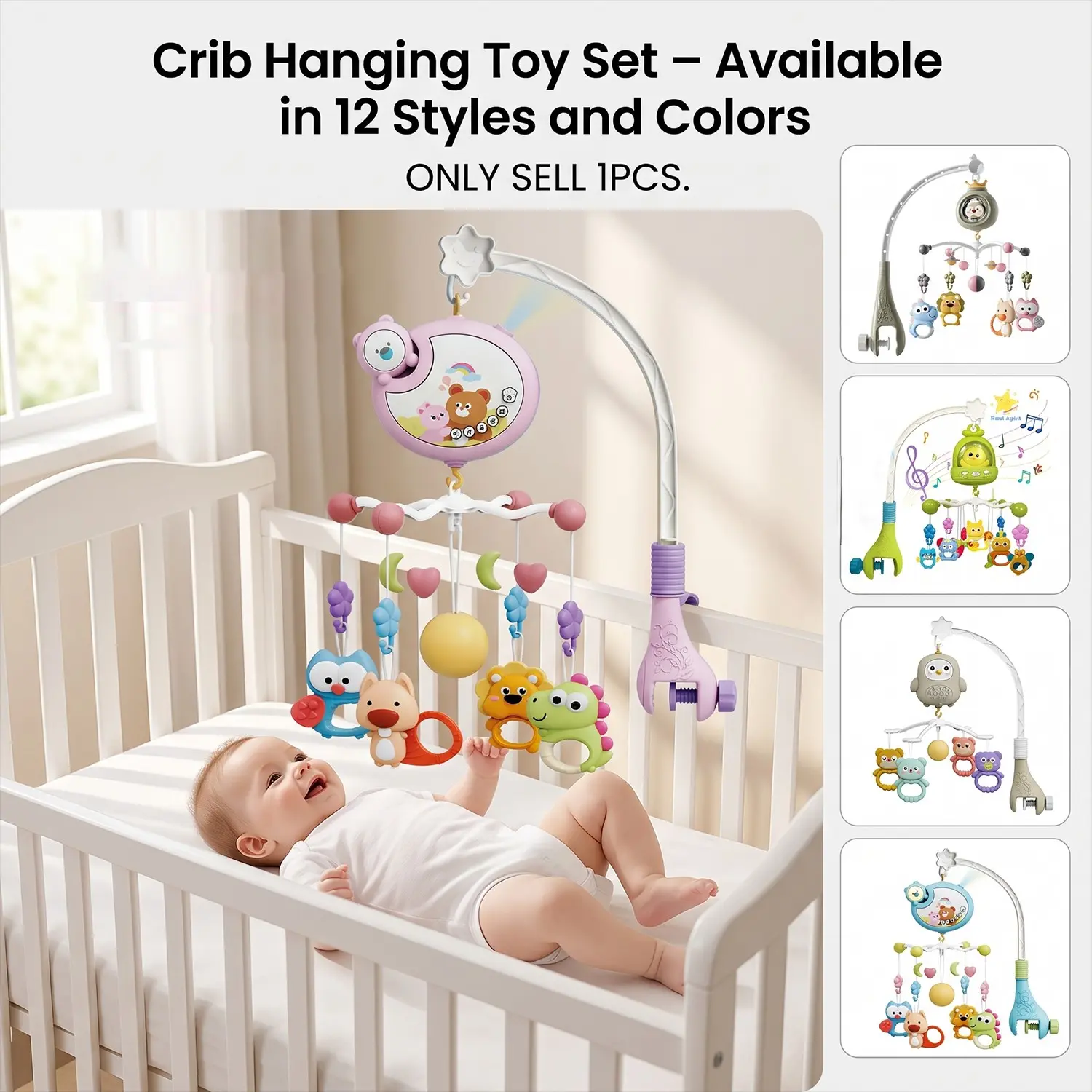 Baby Newborn Crib Mobile with Music and Lights, 2-In-1 Teething Toy, 45° Incline, Projection Timer, Detachable Decorative Hanging Piece