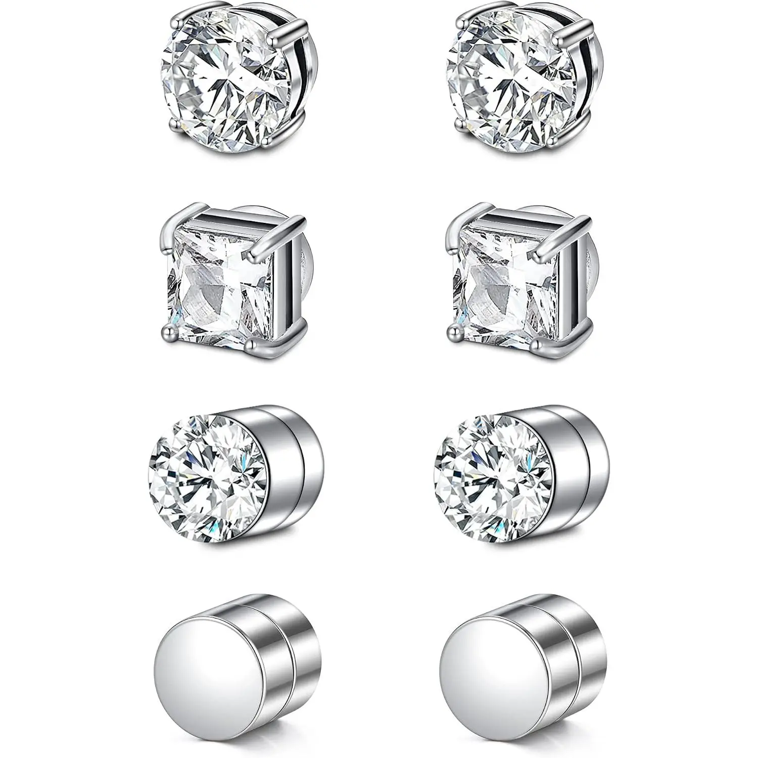 8 count 5MM CZ  Earrings for Men Women Clip  Earrings | 4 Pairs CZ  Earrings, -friendly Stainless Steel for  Ears, ‑free Fit for ‑day Wear