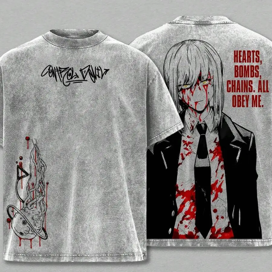 Gray Washed Chainsaw Man Manga Tee Front Control Devil Blood Art Back Large Bloody Makima Line Print Japanese Anime Streetwear Soft Cotton T Shirt For Everyday Street Fashion