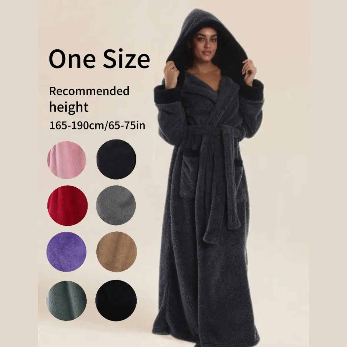Unisex Solid Color Bathrobe, Casual Style with Hat, Pockets & Belt, Thick Material, Ideal for Home Use, Couples' Bathroom Robe