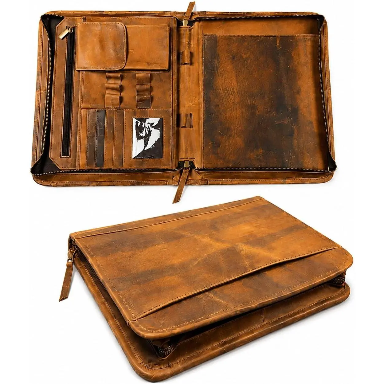 Leather Portfolio Organizer with Zipper for Men Women, Padfolio Business Resume A4/Pad, Folder Organizer, Legal Pad Holder with Card Slots, Zippered Padfolio for Business Documents (Brown)