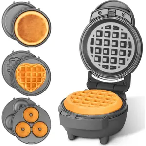 4-in-1 Multi-Functional Compact Waffle Maker with Removable Plates, Assorted Baking Inserts (Pancake, Donut, Heart Shape), Included Recipe & Graphite Finish - Kitchenware Bakeware Baking Tins & Molds