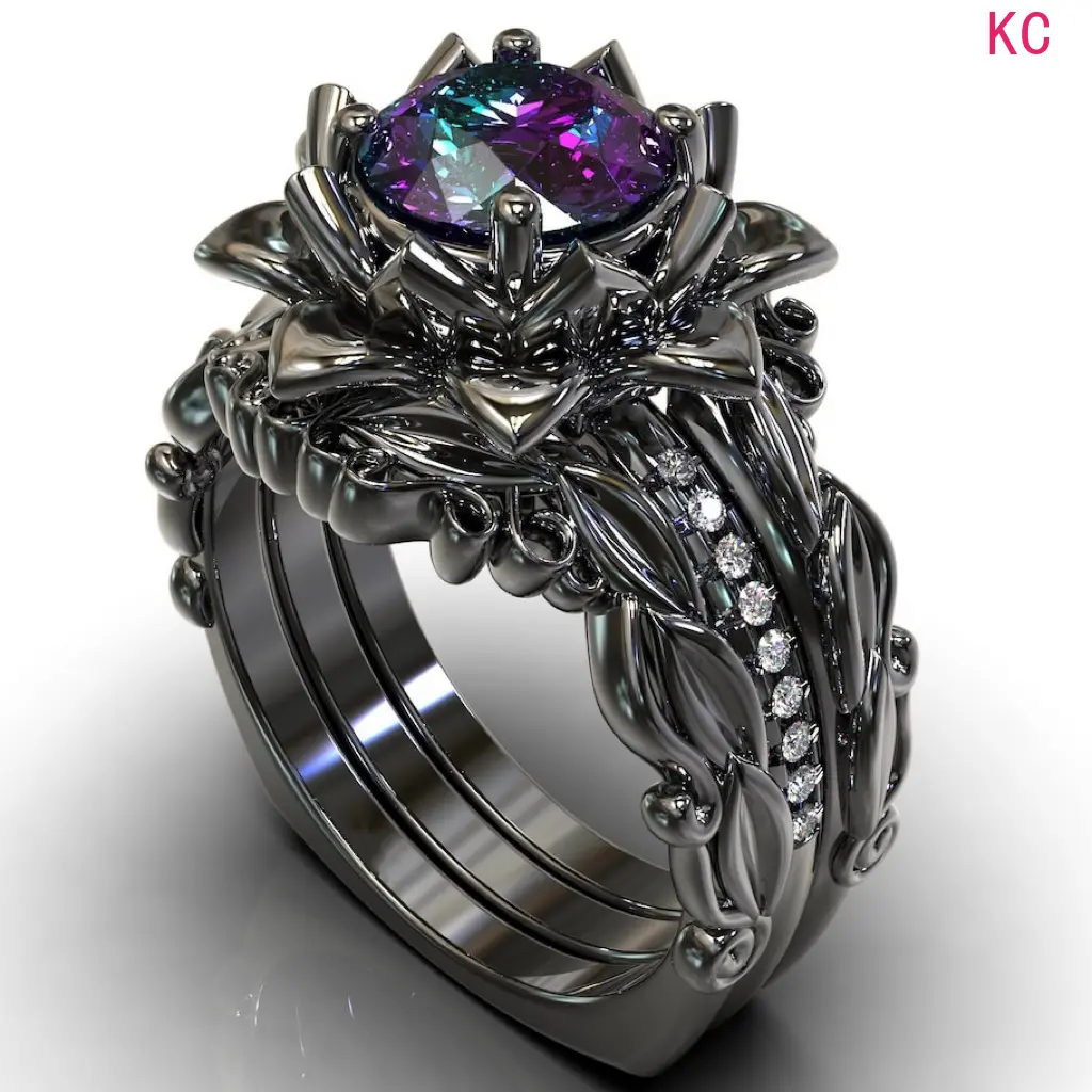 3 Pieces Gun Black Rose Ring Set Inlaid Zircon, Fashion Finger Jewelry For Women Daily Outfit Matching