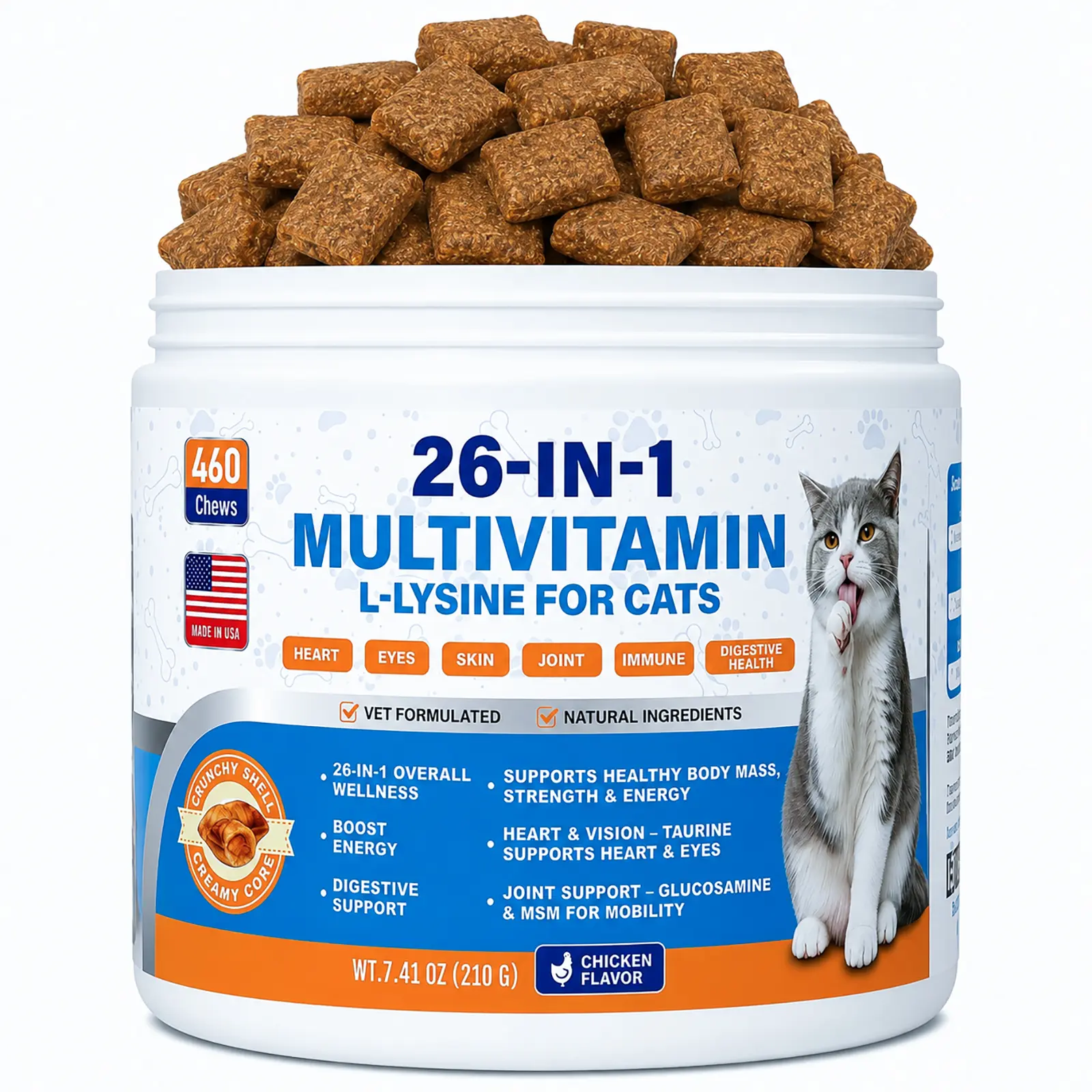 ColEaze Cat Multivitamin L-Lysine Chews,Chicken & Salmon Flavor, 26-IN-1Cat Supplement with Taurine, Glucosamine, Probiotics & Omega-3, Supports Eye & Respiratory, Heart, Joint, Gut Digestion, Skin Coat & Immune Health for Kitten, Adult & Senior Cat