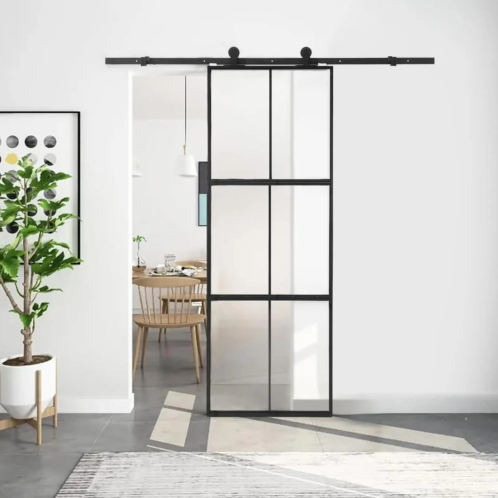 GARVEEGlass Barn Door 36in x 84in, Top Mounted Black Carbon Steel Tempered Frosted Glass Sliding Door, Hardware Kit Include Soft Close Mechanism, Easy Assemble