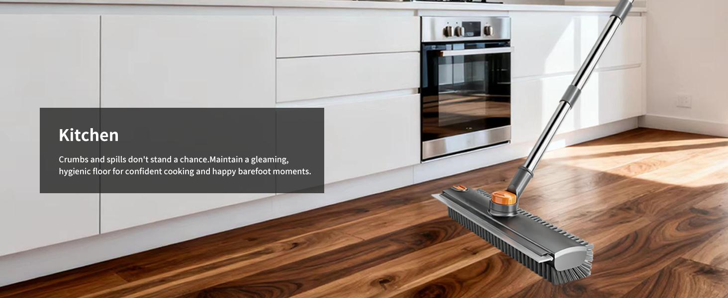 3 in 1 Floor Scrub Brush,Floor Scrubber with Squeegee and Tweezer, Push Broom with Long Handle,Heavy-Duty Stiff 90 °   Bristle Broom for Patio,Shower, Garage,Deck,Tile, Concrete & Wood Surface