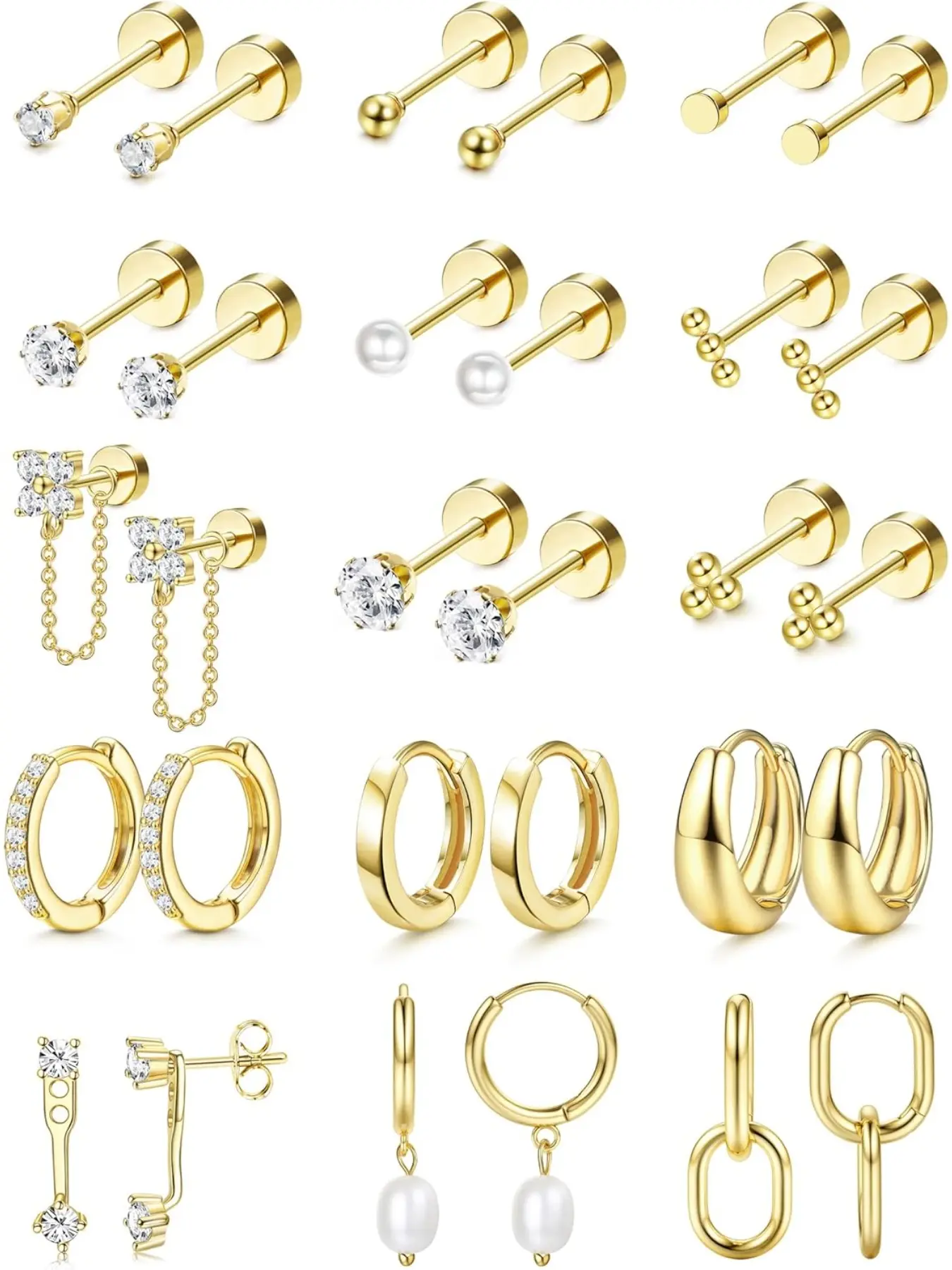 Flat Back Earrings for Women Hypoallergenic Steel Earrings for Sensitive Ears-20G Cartilage Earring Stacks 14K Gold Plated Hoops Flatback Stud Earring Sets for Multiple Piercing