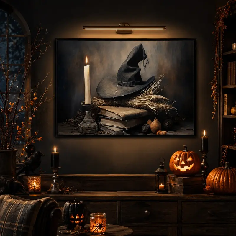 Halloween Vintage Witch Canvas Art Print - Framed Hanging Kit Decoration, Spooky Horror Wall Decor for Living Room, Halloween Season Home Gift, Home Supplies Posters & Prints, Wall Decor Ideas, Bathroom Wall Decor, Gothic Witch Poster, Haunted House Decor